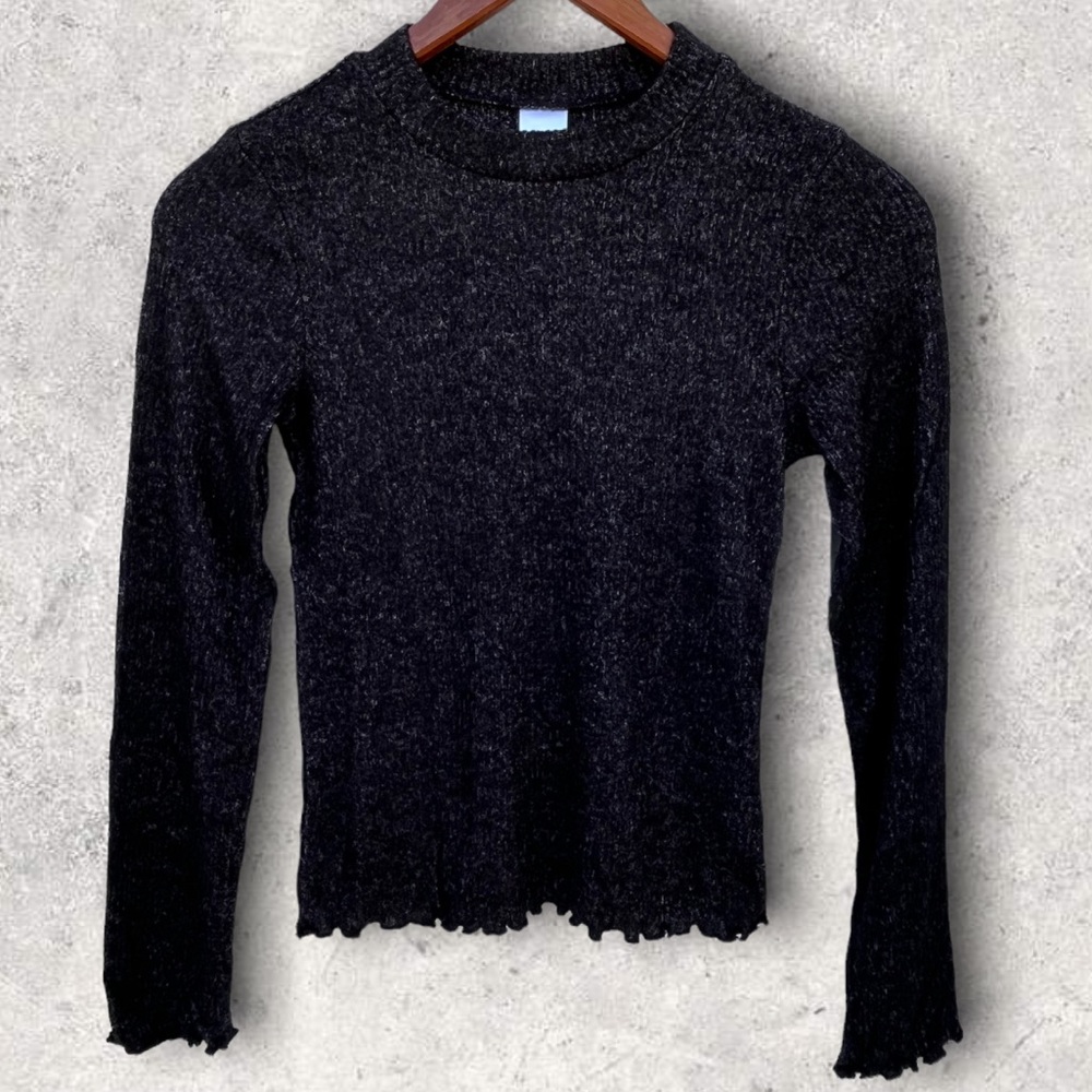 NWT Nordstrom Junior Ruffled Ribbed Velour-Feel Long Sleeve Top, Black |L(10/12)